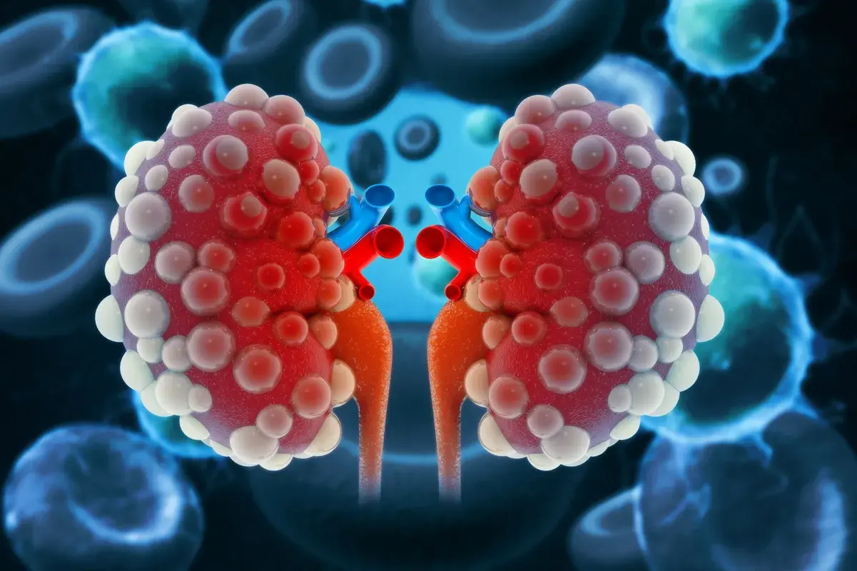 Medical illustration of inflamed polycystic kidneys