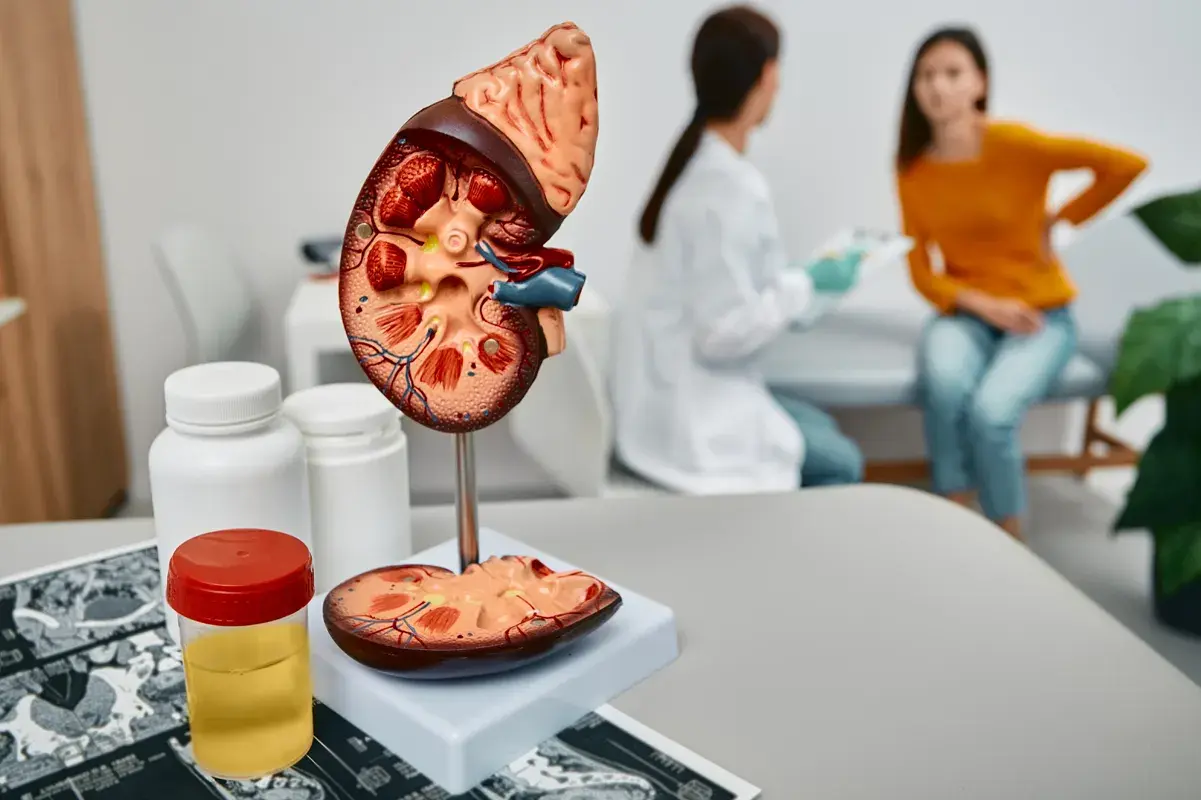 Close-up of anatomical kidney model during a medical consultation.