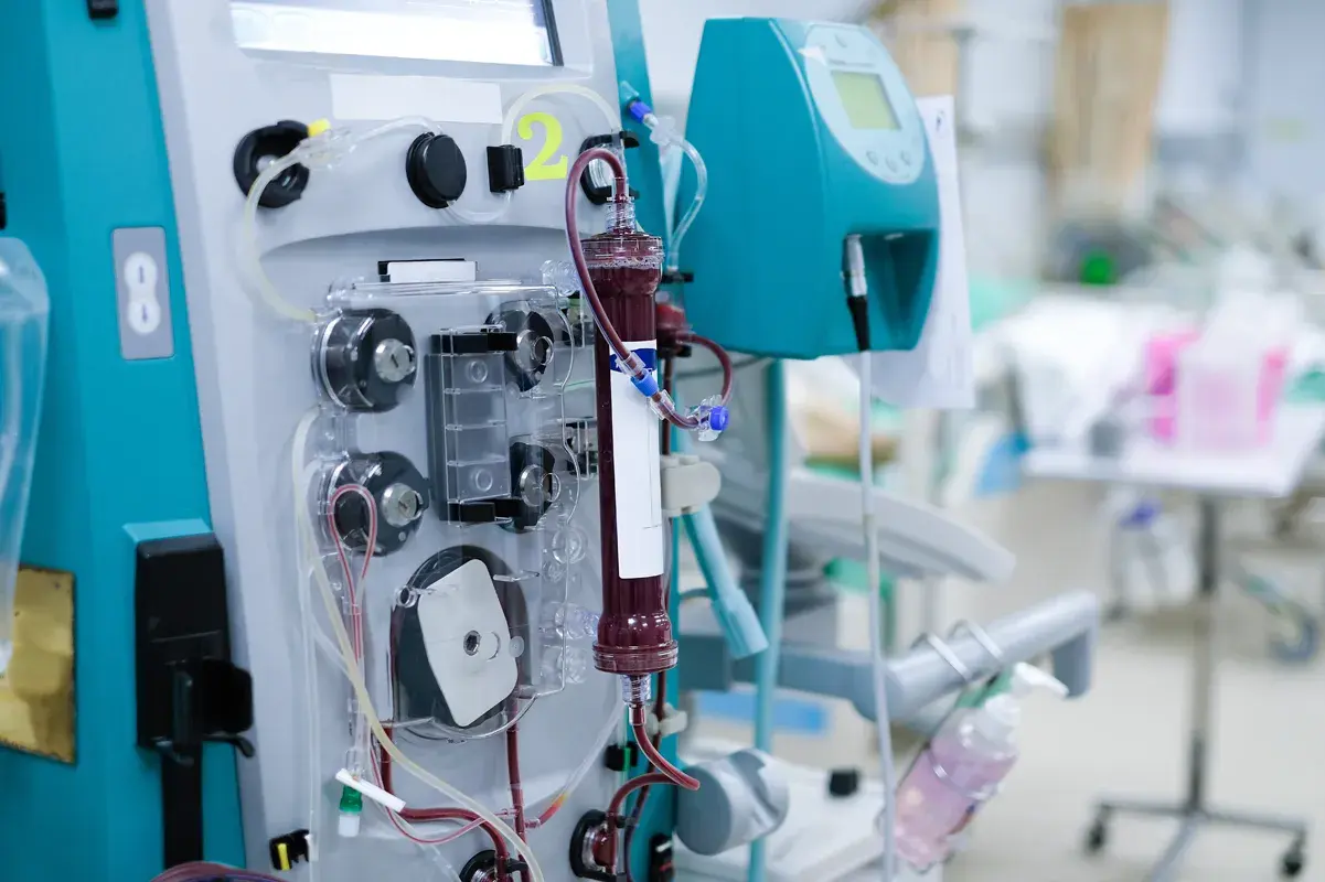Medical hemodialysis equipment setup in a clinical setting