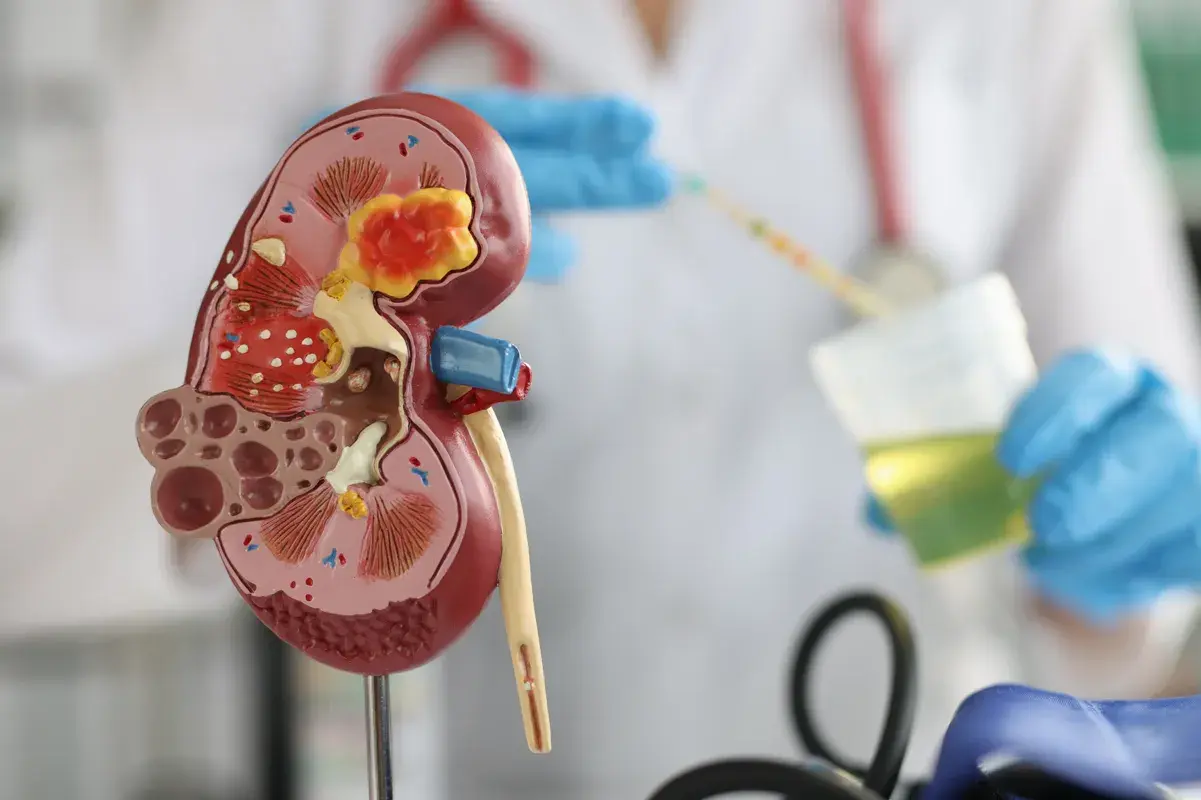 Doctor holding urine sample beside kidney cross-section model
