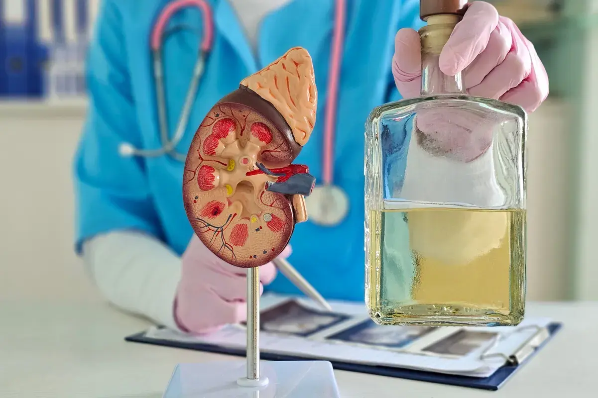 Doctor holding a bottle of liquor beside kidney model