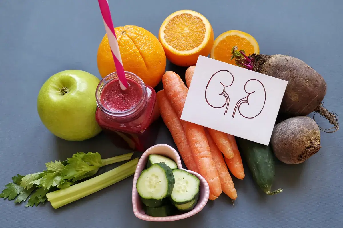 Healthy fruits, vegetables, smoothie, and a drawing of kidneys