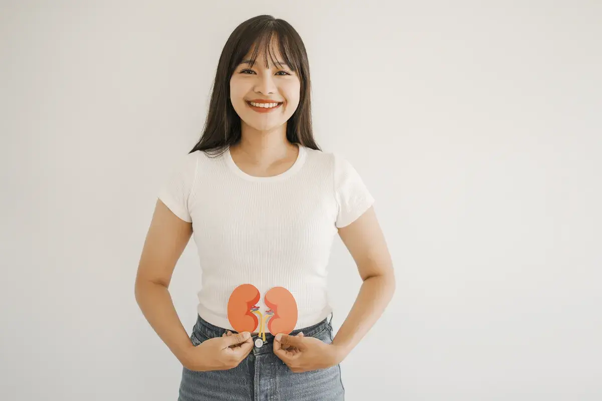 Smiling woman holding a paper cutout of human kidneys.