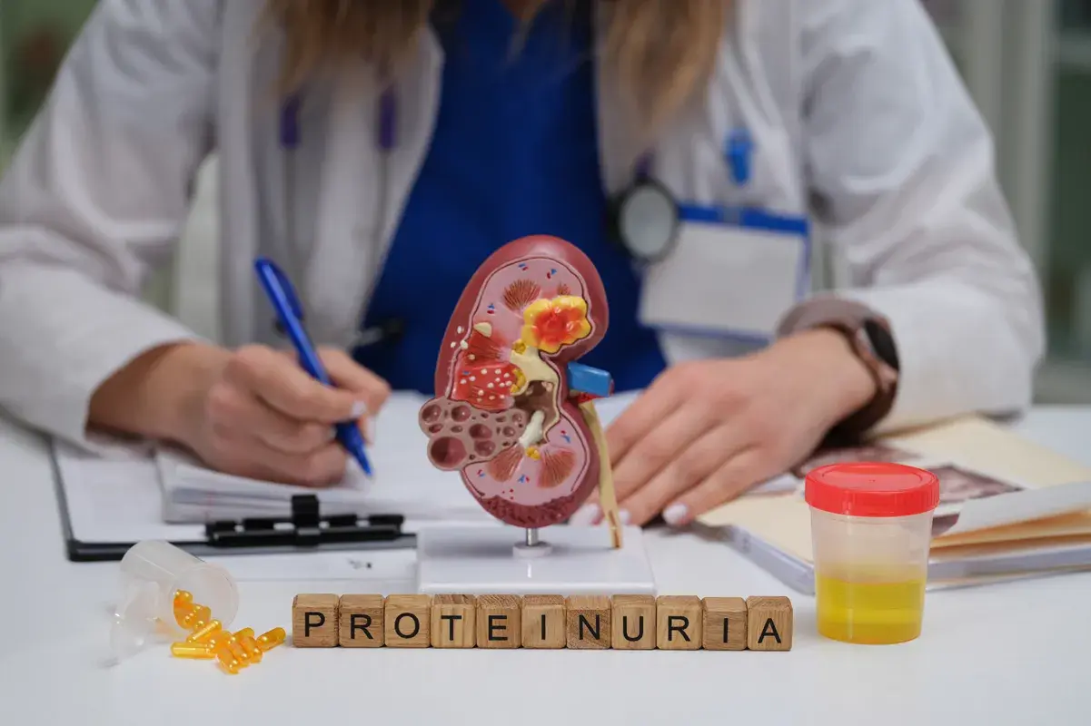 Doctor at desk with kidney model and proteinuria blocks.